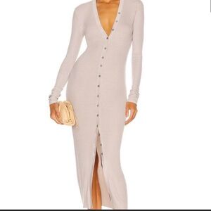 Enza Costa Beige Long-Sleeve V-Neck Button-Front Maxi Dress